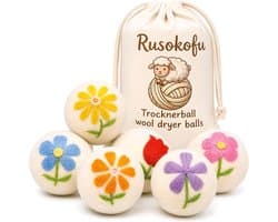 SnelShoppen - 6 Stuks XL Wol Droogballen met Unieke Bloemige Borduursels - Natuurlijke Herbruikbare Wasverzachter - Vermindert Scheuren en Droogtijd -