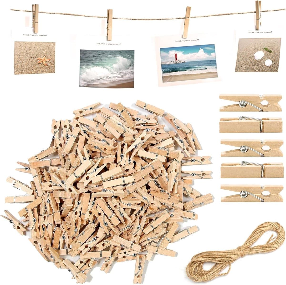 150 stuks mini-houten knijpers 3,5 cm met 10 m jute koord voor het ophangen van foto's, kaarten en creatief knutselen — afbeelding 1