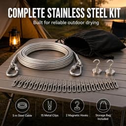 waslijn, 5 m, roestvrij stalen kabel, 2,0 mm, draagbare reiswaslijn met 15 metalen klemmen, 2 magnetische haken en zakken, outdoor waslijn voor camper, balkon, tuin — thumbnail 5