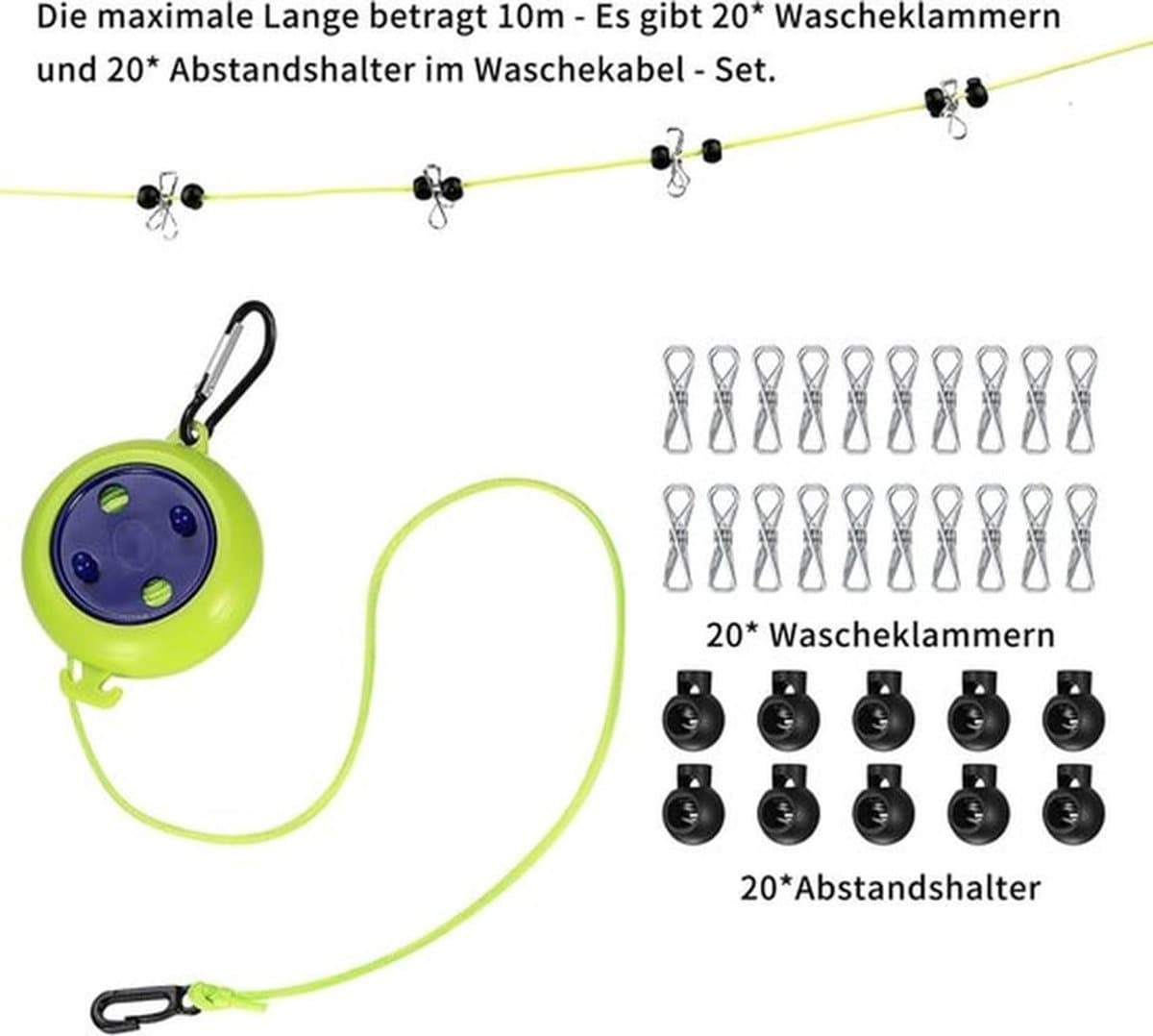 Waslijn Uittrekbaar - Drooglijnen met knijpers - 10 meter - waslijndraad - Wasdraad - voor camping / kamperen - groen — afbeelding 1
