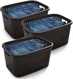 Plasticforte Wasmand - 3x - 35 liter - rotan - zwart - kunststof - 53 x 36 x 26 cm - draagmand - met handvatten - lichtgewicht — thumbnail 1