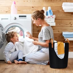 wasmand vilt - 28 liter - kunstlederen handgrepen - opvouwbaar - draagbaar - zwart — thumbnail 5