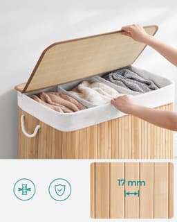 Bamboe Wasbox 150 L - Opvouwbaar met Deksel en Handvaten - Was Sorteermachine met 3 Compartimenten - Machine Wasbare Katoenen Waszak - Natuurlijke Kleur - Geschikt voor de Wasruimte (LCB091N01) — thumbnail 3