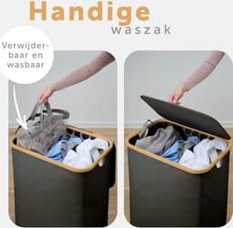 Blumtal Wasmand 150L - Wasmand met 3 uitneembare waszakkken - Wasmand met 3 vakken - Smalle wasmand - Flesverzamelaar - Wasmand met deksel - Zwart — thumbnail 2