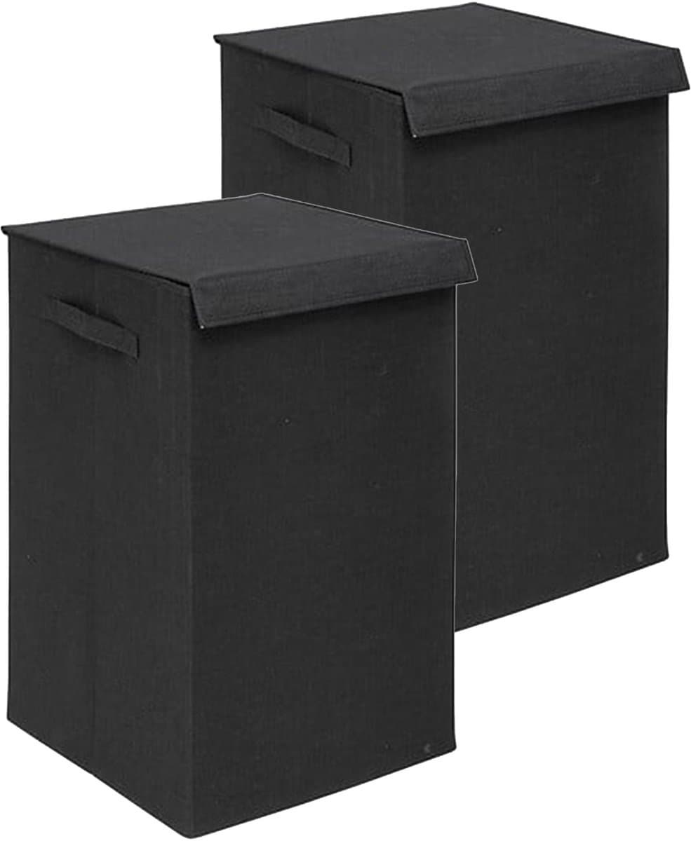5Five Eureka sorteer wasmand - 2x - 74 liter - zwart - 37 x 37 x 60 cm - MDF/Polyester stof - met afsluitklep — afbeelding 1