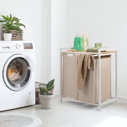 Blumtal Wasmand met 2 vakken - Wasmand met bamboe plank - Metalen frame - Wasmand met poten - Wit en creme — thumbnail 3