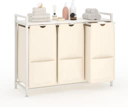 Wasmand 3 vakken, 145L wassorteerder, verrijdbare waswagen – voor wasruimte, slaapkamer, badkamer – wit — thumbnail 1