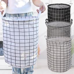 1 stuk - Wasmand - Katoen/linnen wasmand - Opbergemmer - Opbergtas - Opvouwbaar - Katoen/linnen materiaal - Waterdicht - Geschikt voor het opbergen van vuile kleding, speelgoed en huishoudelijke artikelen - 43*35 cm - Wit raster — thumbnail 3