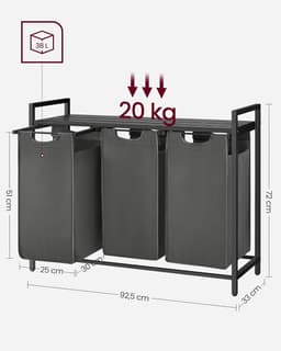 VASAGLE Laundry Basket 3 Compartments, Laundry Collector with Shelf, Laundry Box, Oxford Fabric Removable Metal Frame, 3 x 38 L, 92.5 x 33 x 72 cm, Black-Grey BLH301G01 — thumbnail 2
