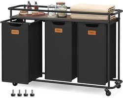 Wasmand op wielen - Wassorteerder met plank - Wasgoed sorteren - Drie ruime compartimenten - 150 liter capaciteit - Inktzwart-kastanjebruin