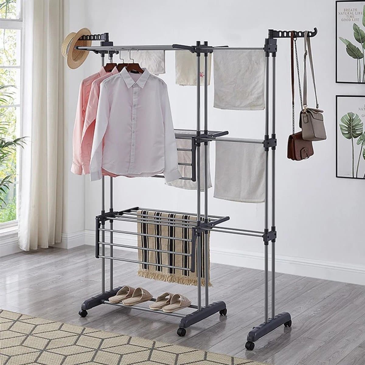 Dailygoods Wasdroger met 6 opvouwbare vleugels op 3 niveaus, uittrekbaar wasrek lengte 75-142 cm, opvouwbare wastafel — afbeelding 1