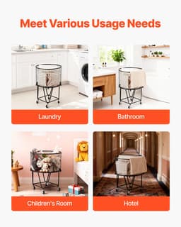 VEVOR Wasmand, Ronde Wasmand met 360° Zwenkwielen, 40 Liter Inhoud, 27 Kg Draagvermogen, Koolstofstalen Boodschappenmand voor Wasgoed, Boodschappen, Kamperen, Bagage, Wassorteerder, Wasmand — thumbnail 3