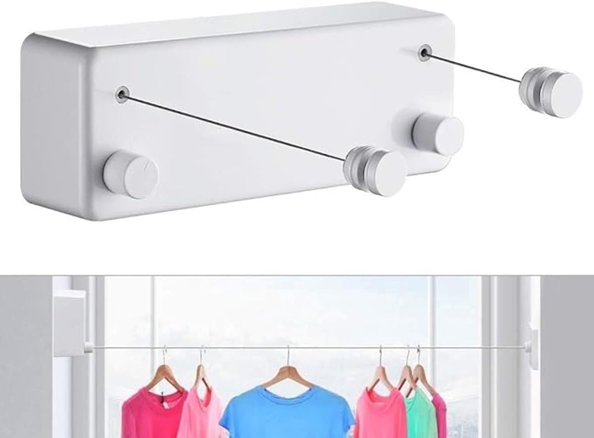 Premium uitschuifbare waslijn | Stevige uitschuifbare lijn, geschikt voor het drogen van kleding binnen en buiten, ook ideaal voor op reis of tijdens het kamperen, vergrendelbaar om doorhangen te voorkomen (wit) - 4,2 meter — afbeelding 1