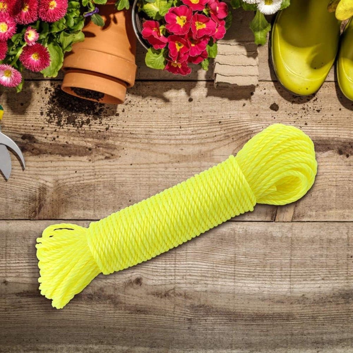 Nylon Touw Waslijn - Buitenlijn Kamperen - Kleding Drogen - Snijdbaar Lengte - 20 Meter - Fluorescerend Geel — afbeelding 1