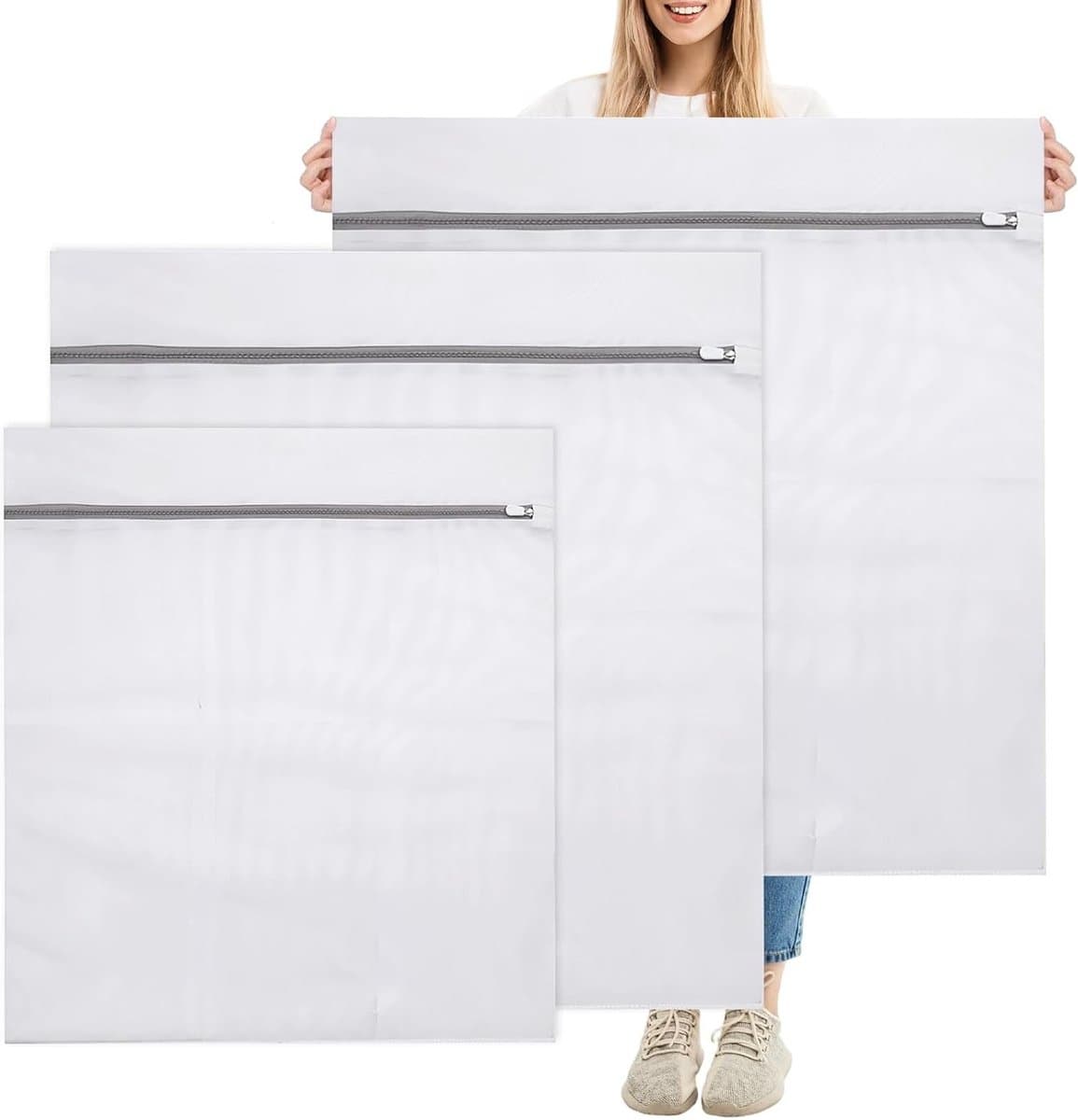 Set van 3 Wasnetten voor Wasmachine - Fijne Mesh Polyester Waszakken met Verborgen Rits voor Dekens, Jassen en Kussenslopen - 50 x 60 cm en 80 x 90 cm — afbeelding 1
