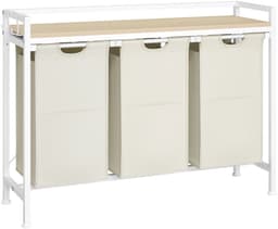 VIEMAE Wasmand - Wasmand 3 vakken - Wasmand met deksel & handgrepen - Wassorteerder - Wasmanden - 96x30x71 cm - 93L - Creme, wit — thumbnail 1