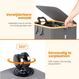 Posity Wasmand op Wielen – 100 Liter – Opvouwbaar – Met Deksel & Handvaten – Wasmand Stof - Bamboe - Laundry Basket - Incl. Waszak - Grijs — thumbnail 5