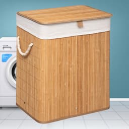 Grote Bamboe Wasmand met deksel - 60 L - Wasmand 1 Vak met stoffen waszak - Opvouwbaar - Wassorteerder - Naturel — thumbnail 1