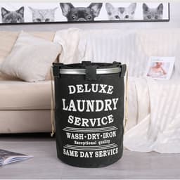 Wasmand 50L - Rond - Tekst Deluxe Laundry Service -> Same Day Service- Badkamer - Wasmand afsluitbaar - Waszak - Zwart — thumbnail 2