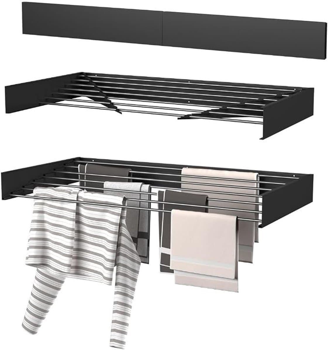 PolkaHome Wanddroogrek Inklapbaar XL - 120 cm - 8,4 m Drooglengte - Zwart — afbeelding 1
