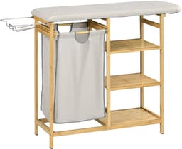 REDOM - Wasmand met strijkplank en 3-laags rek - Uitschuifbare waszak en uitneembare voering - Bamboe - Naturel - 113 x 34 x 82 cm — thumbnail 5