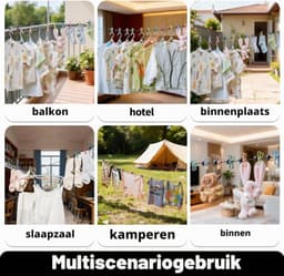 Draagbare Waslijn - Zwart - 180-360 cm - Intrekbaar met 12 Clips en 13 Positioneringsgespen - Voor Buiten en Binnen — thumbnail 5