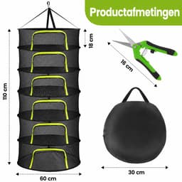 Droognet voor Kruiden - 6-laags Hangend Droognet Ø 58 cm - Kruidendroger en Droogrek van Polyester Mesh - Opvouwbaar Droognet met Rits per Laag, Haak en Opbergtas - voor Kruiden, Bloemen, Fruit en Groente - Zwart — thumbnail 1