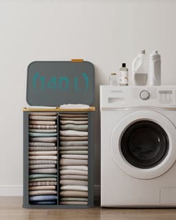 Klarven® Wasmand Bamboe Leigrijs - Wasmand met Deksel - Wasmand 2 Vakken - Wasmand Opvouwbaar - Laundry Basket - Waterafstotende Stof, 140 Liter Inhoud — thumbnail 3