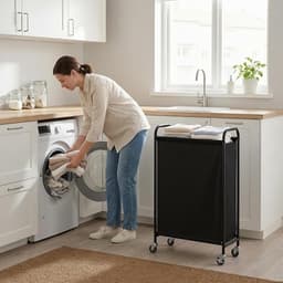 PolkaHome 80L slanke wasmand met wielen, stoffen rollende wasmand, smalle kledingorganizer, hoge mand voor kast, wasruimte, badkamer, zwart — thumbnail 5
