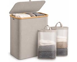 Lugia Wasmand 141L met Deksel – 2 Uitneembare Waszakken – Natuurlijk Bamboe Frame – Luxe Wassorteerder – Grijs