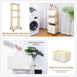 Wasmand 3-laags bamboe opbergplank met wielen verwijderbare opbergmand met handvat vrijstaande kledingmand organizer voor badkamer woonkamer slaapkamer (natuurlijk) — thumbnail 3