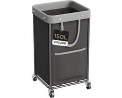 Wasmand met wieltjes, 150 liter, grote wasmand met 2 zakken en handgreep, wasverzamelaar met uitneembare waszak, gestabiliseerde stalen buizen, wasmanden voor bijkeuken, slaapkamer, badkamer
