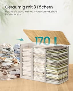 SONGMICS - Wasmand met deksel - 3 compartimenten - 170 liter - 70 x 40 x 61 cm - bamboe - met handgrepen - wit — thumbnail 3