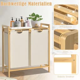 Wasmand met 2 vakken - 36 liter wasverzamelaar en wassorteerder met bamboe bovenkant en handgrepen - Geschikt voor bijkeuken en badkamer - Beige — thumbnail 3