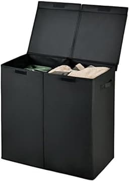 Wasmand met 2 sorteervakken en deksel, 115 liter capaciteit, zwarte vuile wasbak voor badkamer en wasruimte, ademende antibacteriële stof — thumbnail 1