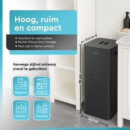 Rilenta Wasmand 2 Vakken 70L - Metalen Wassorteerder met Deksel - 2 Uitneembare Waszakken 35L - Smalle Wasmand - Zwart — thumbnail 2