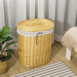 Pugsdrly Wassenmand van riet met deksel Wassenmand met handvat, uitneembare waszak, wasmanden Wassenbox voor badkamer, wasruimte, slaapkamer, naturel — thumbnail 1
