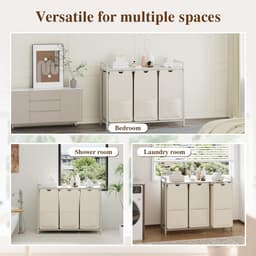 Wasmand 3 vakken, 145L wassorteerder, verrijdbare waswagen – voor wasruimte, slaapkamer, badkamer – wit — thumbnail 5
