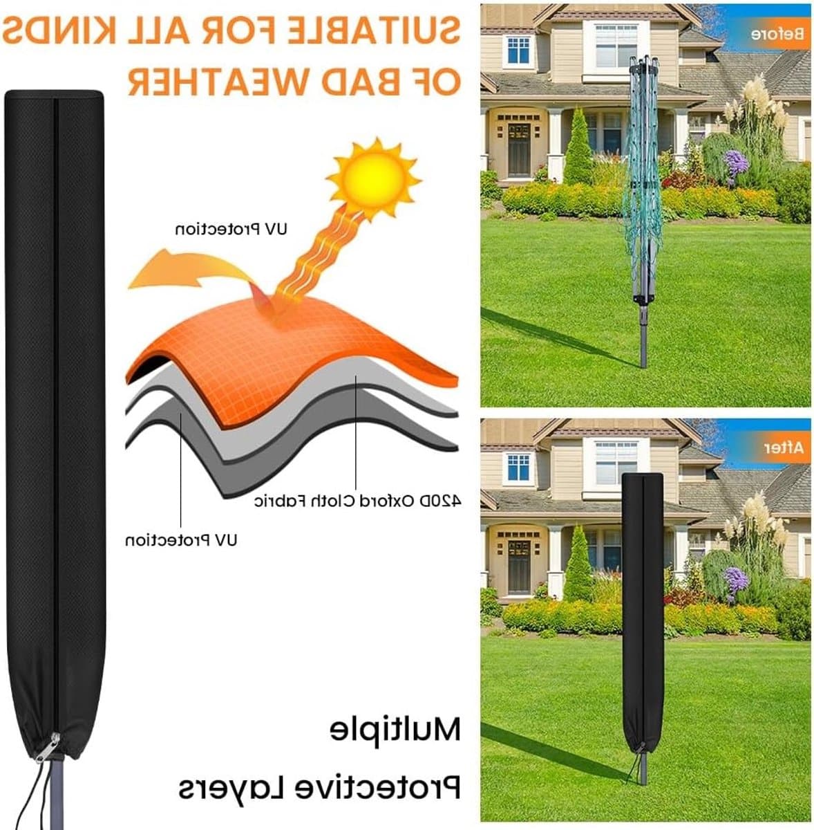 Beschermhoes voor Draaitumbler, 420D Waterdichte Hoes met Rits en Trekkoord, Weerbestendige Bescherming voor Tuindroger en Droogrek (180x18x18cm) — afbeelding 1