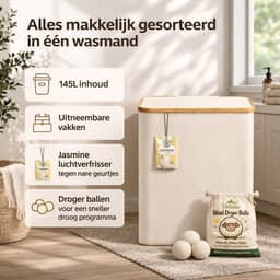Vellano Wasmand 3 Vakken – Wassorteerder met Deksel – 145L – 3 Uitneembare Waszakken – Bamboe Frame – Incl. Drogerballen & Jasmijn Geurverfrisser — thumbnail 3