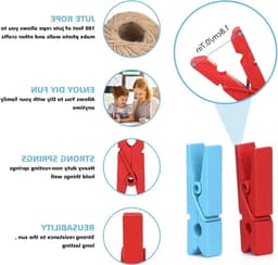 Kleurige Houten Kledingknijpers Set van 100 met 30 m Jute Touw voor Foto's en Creatieve Projecten — thumbnail 5