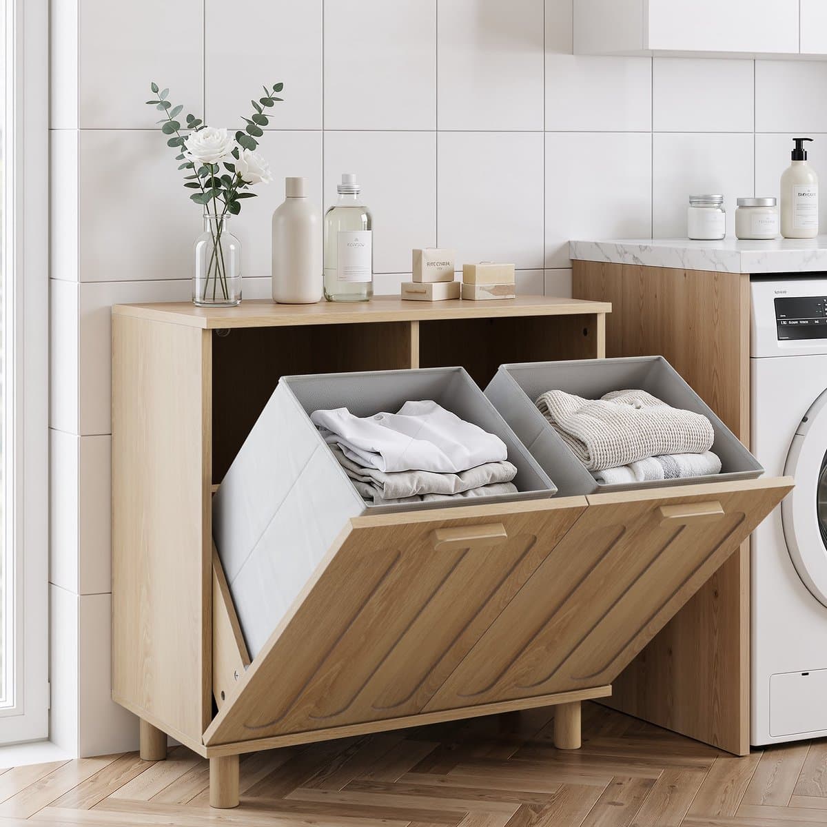 PHOEBE CAT Wasmand - Uitneembare binnenbak - Badkameropbergkast - Eikenkleur — afbeelding 1