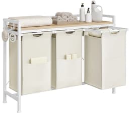 VIEMAE Wasmand - Wasmand 3 vakken - Wasmand met deksel & handgrepen - Wassorteerder - Wasmanden - 96x30x71 cm - 93L - Creme, wit — thumbnail 5