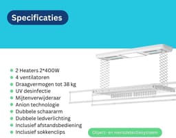 Wasophoogte® Elektrisch Droogrek - Plafonddroogrek Pro - Droogrek - Droogrek Elektrisch - Plafond Droogrek - 38 kg draagvermogen — thumbnail 2