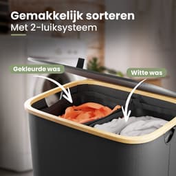 Nince Wasmand - 2 Vakken - 141L - Met Deksel - Wassorteerder - Uitneembare Waszakken - Bamboe - Opvouwbaar - Zwart — thumbnail 5