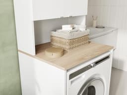 Wasmachinekast voor Badkamer of Keuken - Hoge Kast met Bovenbouw voor Wasmachine en Wasdroger - Wit en Eiken - 210 x 65 x 50/25 cm — thumbnail 2