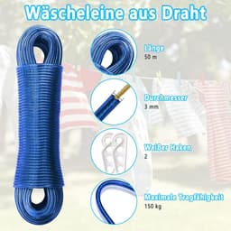 Waslijn met Stalen Kern - Kledinglijn Sterk Touw - Buiten Kleding Drogen - 150 kg Draagvermogen - 50 meter - Blauw — thumbnail 2