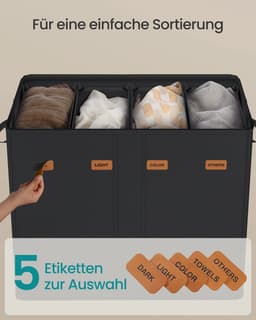 ELYSIVM Wasmand - Wasmand met 4 vakken - Wasmand met deksel - incl. 5 labels - Uitneembare wasbare binnenzak - 210 L - tot 20 kg - 84x33x75cm - Grijs — thumbnail 4