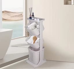 Verrijdbare Wasmand Organizer - 3-Laags Wasbakkenrek met Wieltjes - Badkamer Opbergrek - Wit - 109 cm hoog — thumbnail 2