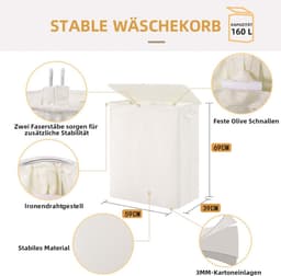 Wasmand - Met deksel, 3 vakken en handgrepen - Beige 160L — thumbnail 5